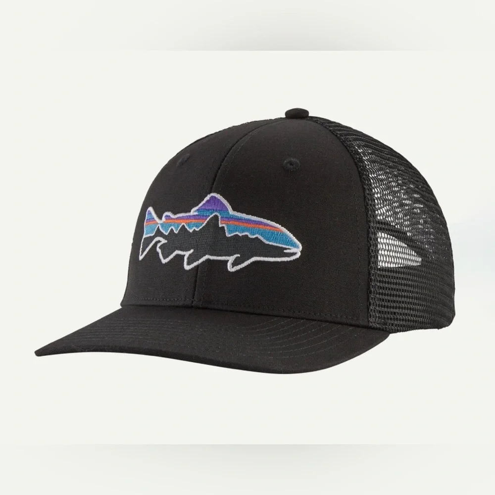 Patagonia Black Trucker Hat with Multicolor Fish Patch